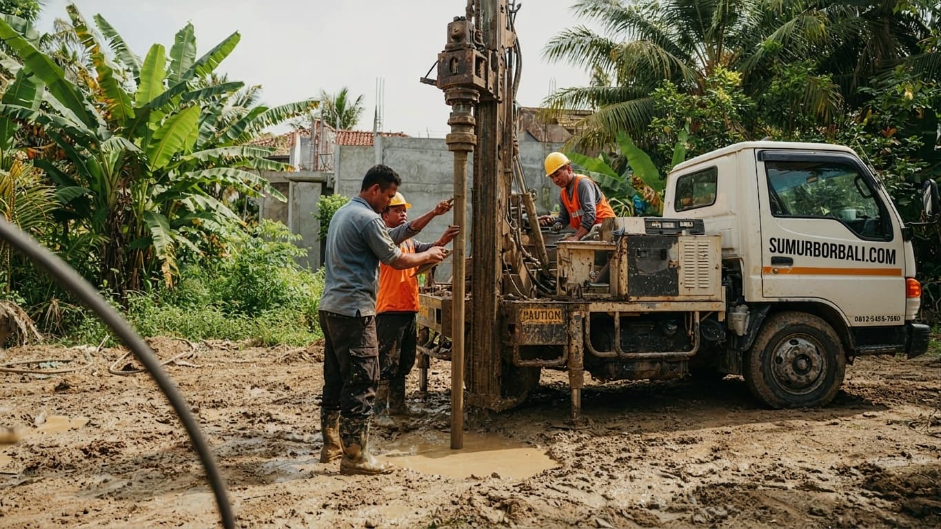 Tim Sumur Bali Amerta mengerjakan pengeboran sumur bor di Bali