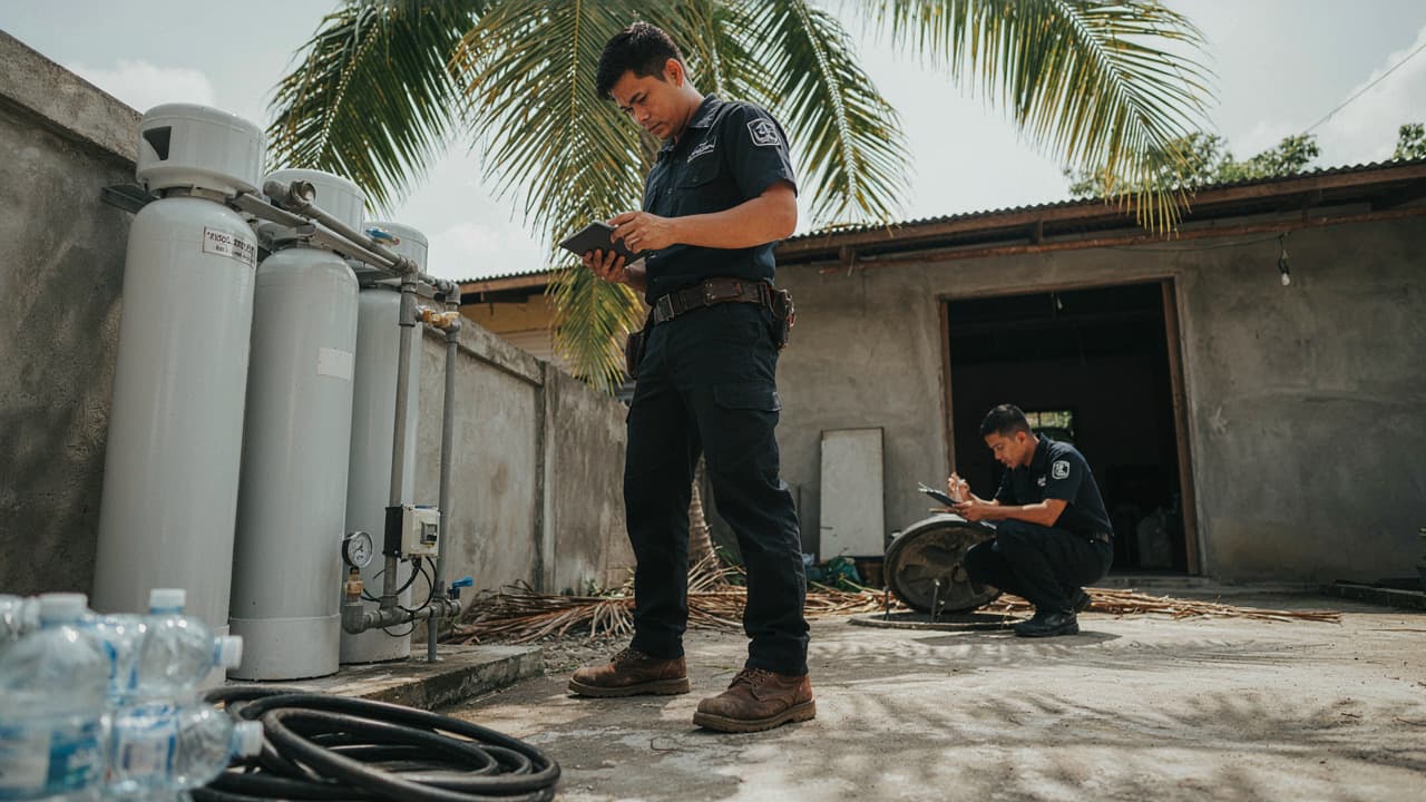 Teknisi Sumur Bali Amerta memeriksa instalasi pompa sumur bor