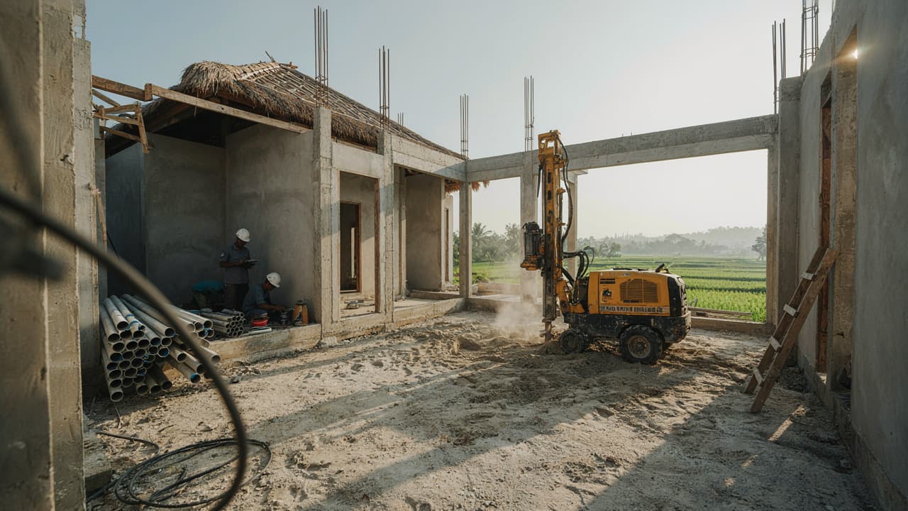 Tim Sumur Bali Amerta bersama rig bor di lokasi proyek
